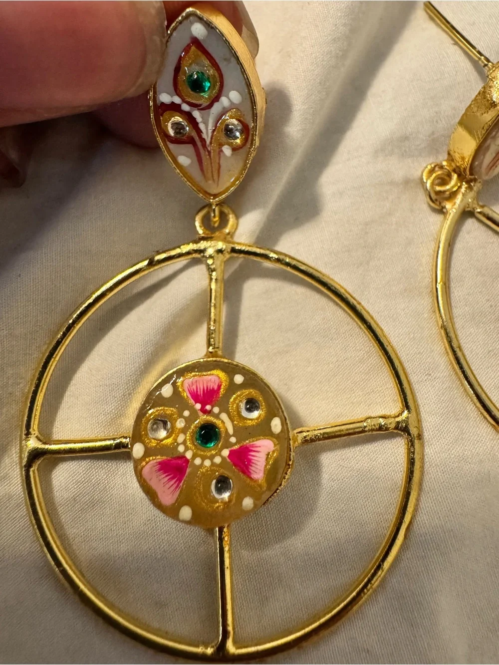 Desi Gold-Tone Hoop Drop Earrings with Pink & Green Enamel Accents